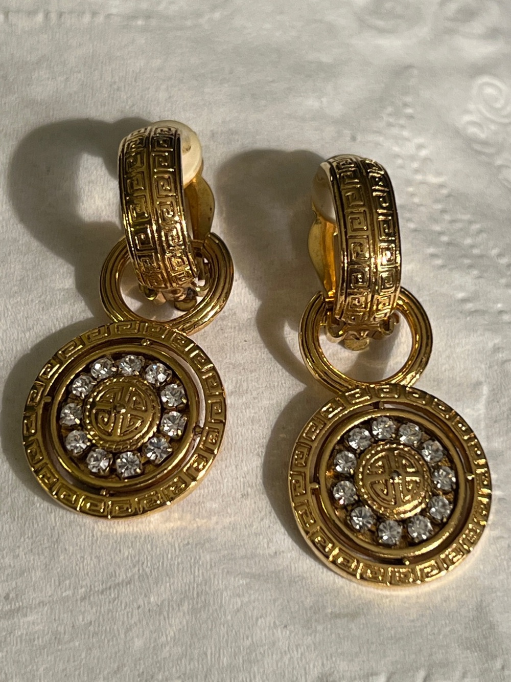 Vintage Premier Designs Gold-Tone Crystal Medallion Drop Earrings